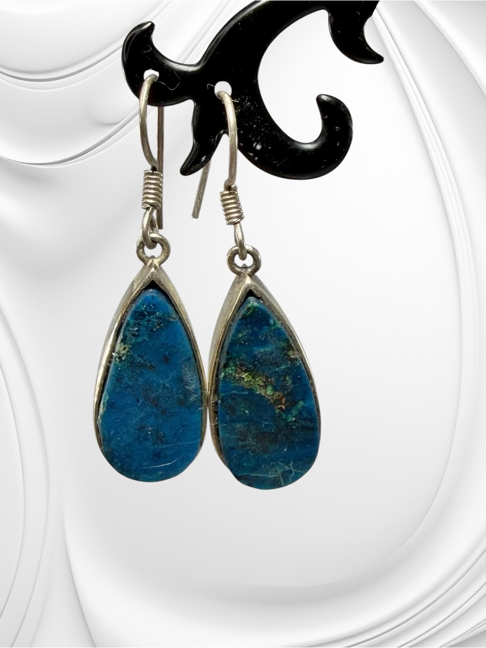 Sterling Silver 925 Chrysocolla Cabochon Teardrop Dangle Earrings Blue Green EUC